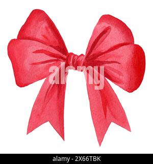 Rotes Aquarellband, Satinschleife. Dekoratives grafisches Element für Karten, Postkarten, Einladungen, Drucke, Dekor, Design, Hochzeiten und Weihnachtsfeiern Stockfoto