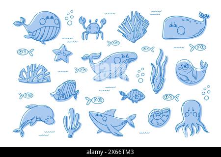 Meerwassertiere clipart Hand-Doodle. Lustige Unterwassersäugetiere verschiedene Arten Wale, Haie, Robben, Delfine, Oktopus, Krabben und Fische Stock Vektor