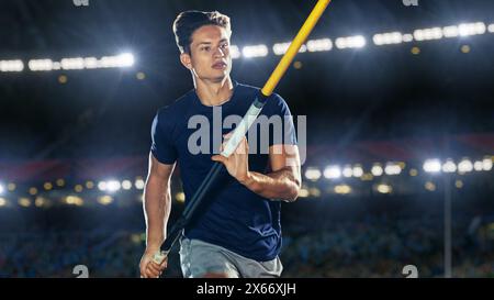 Pole Vault Jumping: Porträt eines männlichen Profi-Athleten beim WM-Lauf mit Pole to Jump over Bar. Aufnahme des Wettkampfs im Big Stadium mit Sport Achievement Experience Stockfoto