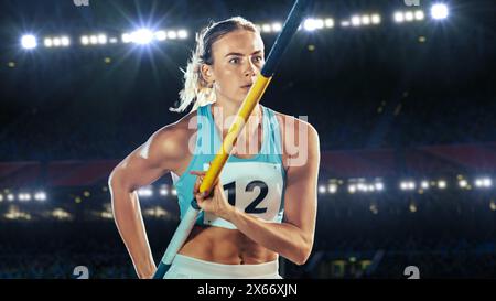 Pole Vault Jumping: Porträt einer Profi-Athletin bei Weltmeisterschaft mit Pole to Jump over Bar. Aufnahme des Wettkampfs im Big Stadium mit Sport Achievement Experience Stockfoto