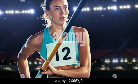 Pole Vault Jumping: Porträt einer Profi-Athletin bei Weltmeisterschaft mit Pole to Jump over Bar. Aufnahme des Wettkampfs im Big Stadium mit Sport Achievement Experience Stockfoto