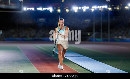 Pole Vault Jumping: Porträt einer Profi-Athletin bei Weltmeisterschaft mit Pole to Jump over Bar. Aufnahme des Wettkampfs im Big Stadium mit Sport Achievement Experience Stockfoto