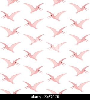 Nahtloses Vektor-Muster des rosa flachen Hand gezeichneten Pterodactyl-Dinosauriers isoliert auf weißem Hintergrund Stock Vektor