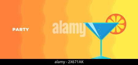 Abstraktes horizontales Banner im Retro-Look mit minimalen Sommerreisen. Vintage-Print-Erholung am Strand mit Cocktailglas auf Sand. Sommer touristische Ferienparty Grafik Design. Trendige, minimalistische, saisonale Abdeckung Stock Vektor