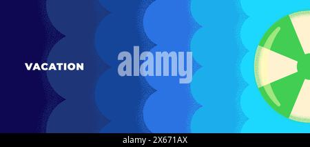 Abstraktes horizontales Banner im Retro-Look mit minimalen Sommerreisen. Vintage-Print auf dem Meer mit Strandball auf den Wellen. Sommer touristische Ferienparty Grafik Design. Trendiger Minimalismus saisonaler Hintergrund Stock Vektor