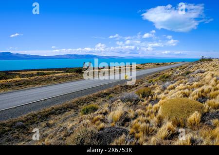 El Calafate, Patagonien, Argentinien - nur befahrene Landstrasse R11 zwischen dem Perito Moreno Gletscher und El Calafate entlang des Lago Argentino, der groesste See in Argentinien. Der See wird von mehreren Gletschern gespeist, darunter dem groessten Gletscher von Suedamerika, dem Upsala-Gletscher und dem bekanntesten, dem Perito-Moreno-Gletscher. El Calafate Patagonien Argentinien *** El Calafate, Patagonien, Argentinien R11 Straße mit wenig Verkehr zwischen dem Perito Moreno Gletscher und El Calafate entlang des Lago Argentino, dem größten See Argentiniens der See wird von mehreren Gletschern gespeist, einschließlich Stockfoto