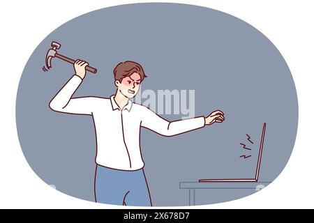 Ein aggressiver Mann zertrümmert den Laptop-Bildschirm mit einem Hammer, weil er durch aufdringliche Anzeigen das Surfen im Internet behindert. Der Typ bricht den Computer nach einem Softwarekollaps oder einer schlechten E-Mail-Nachricht Stock Vektor