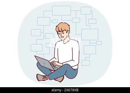 Junger Programmierer sitzt mit Kreuzbein auf dem Boden und Laptop auf dem Schoß und erstellt eine Webanwendung. IT-Entwickler denken über Ablaufdiagramme moderner Websites oder Blockchain-Projekte nach Stock Vektor