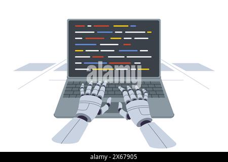 Hände des Roboterprogrammierers, der Code in Laptop eingibt, dank Entwicklung künstlicher Intelligenz Stock Vektor