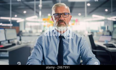Porträt eines gutaussehenden erfahrenen Senior Managers, der im modernen Büro am Computer arbeitet. Geschäftsmann korrespondiert mit Partnern, Kollegen, Familie oder Freunden mit E-Mail und sozialen Netzwerken. POV-Ansicht. Stockfoto
