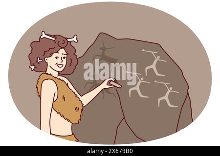 Eine alte Frau in Kleidung aus Tierhäuten und Haarknochen macht Felsmalereien. Das Mädchen stellt Menschen vor, die auf riesigen Steinen Hirsche jagen und lächelnde Blicke auf den Bildschirm werfen Stock Vektor