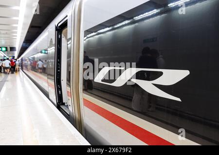 Hongkong, China - 4. April 2024: Logo der China Railway CR auf einem Hochgeschwindigkeitszug vom Typ CR400AF Fuxing in Hongkong, China. Stockfoto