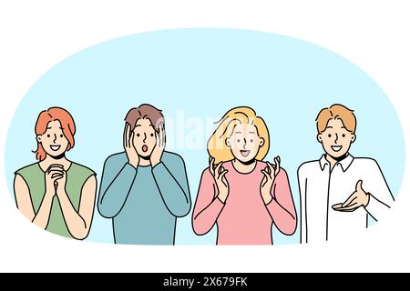 Unterschiedliche Menschen, die verschiedene Emotionen zeigen. Männer und Frauen zeigen Gesichtsausdrücke, die emotional sind. Vektordarstellung. Stock Vektor