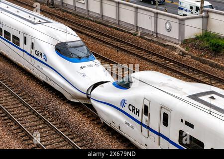 Shanghai, China - 11. April 2024: Hochgeschwindigkeitszug der China Railway CR Typ CRH2C in Shanghai, China. Stockfoto