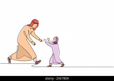 Durchgehende eine Linie, die fröhliche arabische kleine Tochter zieht, die zu Vater läuft, um ihre Familie zu umarmen. Glückliches kleines Mädchen, das Mann mit Liebe trifft. Familie, Vatertag, c Stock Vektor