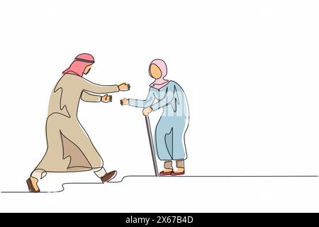 Eine einzelne durchgehende Linie zeichnet einen glücklichen arabischen Mann, der zur Großmutter läuft. Urlaub bei Großeltern. Mutter, Seniorin, Rentner, Sommer, Stock Vektor