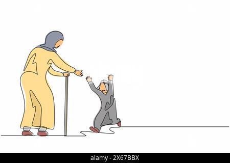 Durchgehend eine Linie zeichnet ein arabischer kleiner Junge, der seine Großeltern trifft. Glückliche Familie besucht Großvater und Großmutter. Enkel läuft, um sich zu umarmen Stock Vektor