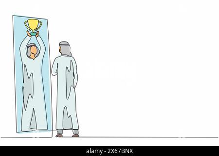 Eine durchgehende Linie zeichnet ein arabischer Geschäftsmann, der sich glücklich und erfolgreich im Spiegel reflektiert und den Trophäenbecher hochhebt. Erfolg in BU Stock Vektor