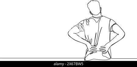 Kontinuierliche Einzeilenzeichnung eines Menschen, der unter Rückenschmerzen leidet, Linienkunstvektorillustration Stock Vektor
