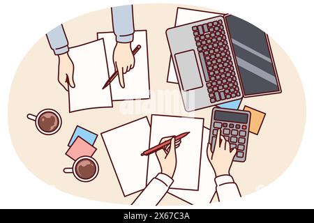 Hände von Buchhaltern, die die Finanzbuchhaltung über Tabellen mit Zahlungsbelegen und Rechnern durchführen, Draufsicht. Rechnungsprüfer berechnen das Rechnungs- oder Steuerbudget des Unternehmens und bieten Beratungsdienste für Unternehmen an Stock Vektor