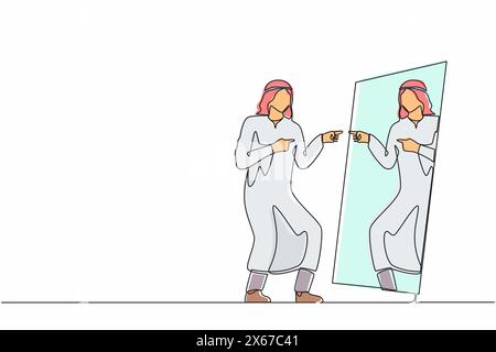 Durchgehende einzeilige Zeichnung narzisstischer arabischer Geschäftsmann blickt in den Spiegel. Selbstreflexion des Menschen. Narzissmus und Eitelkeit. Sieh dir Egoismus an, Narzisst Stock Vektor