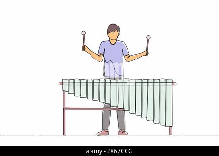 Durchgehend eine Linie zeichnender Mann Percussion Spieler spielen Marimba. Junger männlicher Musiker, der traditionelles mexikanisches Marimba-Instrument beim Musikfestival spielt. Stock Vektor