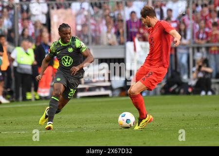 München, Deutschland. Mai 2024. MÜNCHEN, DEUTSCHLAND - 12. MAI: Ridle Baku vom VfL Wolfsburg und Leon Goretzka vom Bayern München während des Bundesliga-Spiels zwischen dem FC Bayern München und dem VfL Wolfsburg in der Allianz Arena am 12. Mai 2024 in München.240512 SEPA 24 046 - 20240513 PD5743 Credit: APA-PictureDesk/Alamy Live News Stockfoto