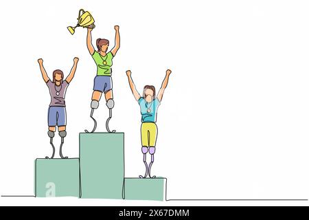 Einzelne durchgehende Linienzeichnung behinderte Frau, die den Wettbewerb gewann, während sie auf dem Podium die goldene Trophäe hielt. Behindertenwettbewerb, Meisterschaft. Stock Vektor