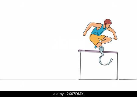 Eine einzelne durchgehende Linienzeichnung amputierte junge männliche Sportler, die über die Hürde rannte. Behindertenspiele mit Hürdenrennen. Behindertensportkonzept. Stock Vektor