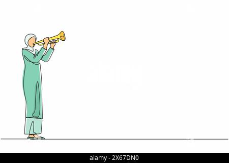 Eine durchgehende Linie, die arabische Frau, die Trompete spielt, zeichnet. Instrumentalmusik. Jazzmusiker spielt Trompeteninstrument. Trompetenspieler. Orchester pro Stock Vektor