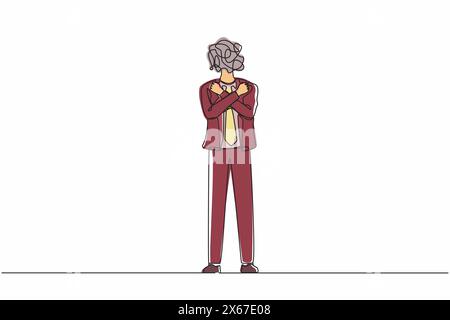 Durchgehende einzeilige Zeichnung Geschäftsmann mit runden Kritzeleien statt Kopf. Junger Manager mit geballten Fäusten und gekreuzten Armen, glücklich und glücklich Stock Vektor