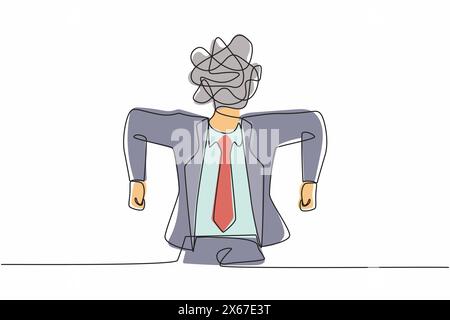 Einzelner Geschäftsmann mit durchgehender Linienzeichnung, mit runden Kritzeleien anstelle eines Kopfes. Wütender männlicher Manager. Emotionale Führungskraft im Wut. Wut empfinden. Eins Stock Vektor