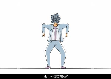 Einzelner Geschäftsmann mit durchgehender Linienzeichnung, mit runden Kritzeleien anstelle eines Kopfes. Wütender männlicher Manager, Geste im Stehen. Emotionale Führungskraft im Wut. F Stock Vektor