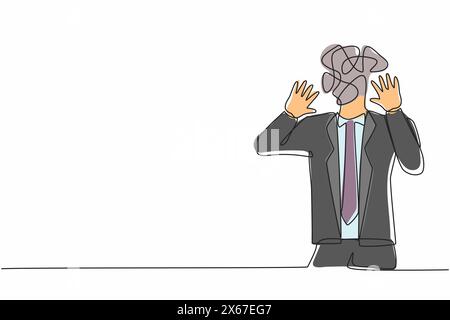 Durchgehende einzeilige Zeichnung Geschäftsmann mit runden Kritzeleien statt Kopf. Der Mann schockiert, ängstlich, ängstlich, ängstlich, ängstlich. Stoppgeste Stock Vektor