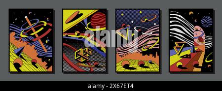 Raumposter. Abstrakte Kunst der 90er Jahre. Geometrische Vintage-Grafik mit kosmischen 3D-Kritzelementen. Optische Illusionsfiguren. Surreale Galaxie. Kosmische Unendlichkeit. Stock Vektor