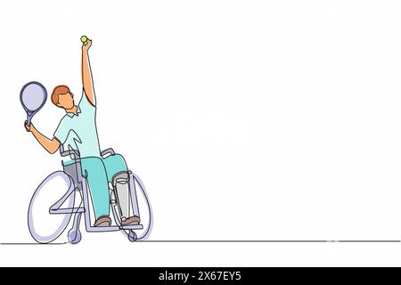 Ununterbrochenes Zeichnen von einer Linie im Rollstuhl-Tennis. Athlet im Rollstuhl mit Schläger. Aktive Personen. Man. Behinderung, Sozialpolitik. Soziale Unterstützung. Stock Vektor