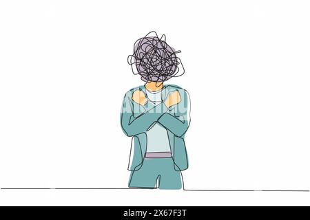 Durchgehende einzeilige Geschäftsfrau mit runden Kritzeleien statt Kopf. Frau mit geballten Fäusten, gekreuzte Arme. Attraktives Mädchen mit Stock Vektor