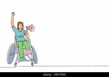 Durchgehende einzeilige Zeichnung glückliche behinderte junge Frau im Rollstuhl feiert den Sieg der Fußballmannschaft mit Megaphon. Fußballfan, Rollstuhlfahrer Stock Vektor