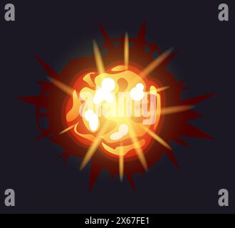 Brandexplosion. Flammenbruch. Waffenausleger-Effekt. Bombenzündung. Zerstörungskraft. Dynamit explodiert Epizentrum. Zerstörungswaffenangriff. Magischer Knall Stock Vektor