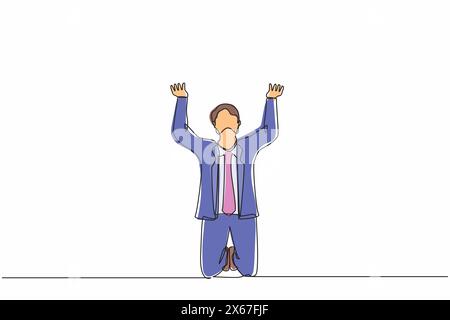 Durchgehende, eine Linie zeichnende, traurige, schockierte Geschäftsmann, der kniet und betet. Geld verlieren, Wirtschaftskrise, Bankrott, depressiv. Ein Mann steht auf den Knien. Stock Vektor