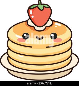 Happy Pancake Stapel mit Erdbeeren und Creme oben, im Kawaii Stil Stock Vektor