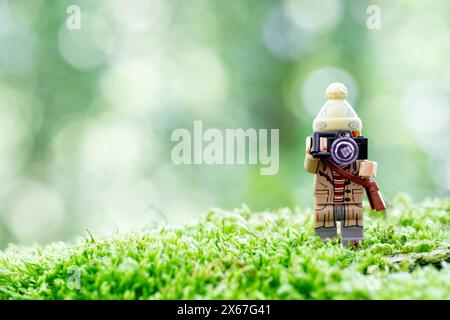 Eine kleine Lego-Fotografin, die ein Foto mit einer lego Kamera macht. Die Umgebung liegt im Wald mit einem glitzernden Bokeh-Hintergrund Stockfoto