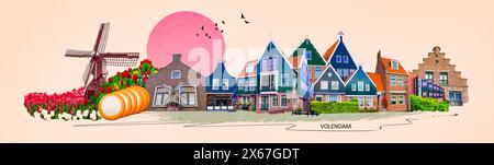 Wunderschöne Holzhäuser. Typisch kleine holländische Häuser Fassaden in Volendam, in den Niederlanden - Kunstcollage Stockfoto