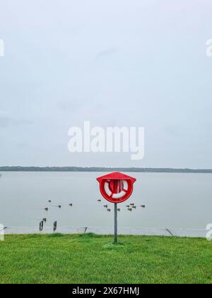 Rot-weißes Rettungslager in Küstennähe auf grünem Rasen vor Wasser mit Enten im Hintergrund, Hafen, Ribnitz-Damgarten, Mecklenburg-Vorpommern, Deutschland Stockfoto