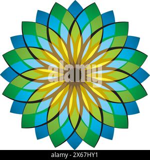 Symmetrische und leuchtende Mandala-Illustration mit Grün-, Gelb-, Blau- und Brauntönen Stock Vektor