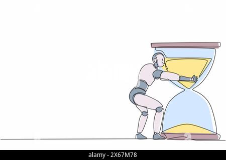 Einzelne, durchgehende Zeichnungsroboter umarmen riesige Sanduhr. Moderne Robotik-Technologie für künstliche Intelligenz. Elektronikindustrie. Eins Stock Vektor