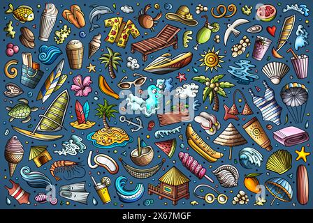 Vektor Doodle Cartoon Set von Sommer Strand Themen Objekte und Symbole Stock Vektor