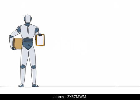Ein Roboter für das kontinuierliche Zeichnen von Linien, der Kästen und Zwischenablage mit Dokumenten hält. Moderne Robotik-Technologie für künstliche Intelligenz. Elektronische Technik Stock Vektor