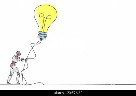 Einzelner Roboter mit durchgehender Linienzeichnung, der einen fliegenden Glühbirnenballon mit Seil hält. Moderne Robotik-Technologie für künstliche Intelligenz. Elektronische Technik Stock Vektor