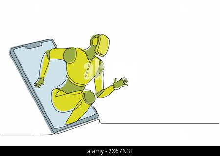 Einzelne, durchgehende Zeilenroboter kommen aus dem Mobiltelefon mit Runner-Haltung heraus. Moderne Robotik-Technologie für künstliche Intelligenz. Elektronisches te Stock Vektor